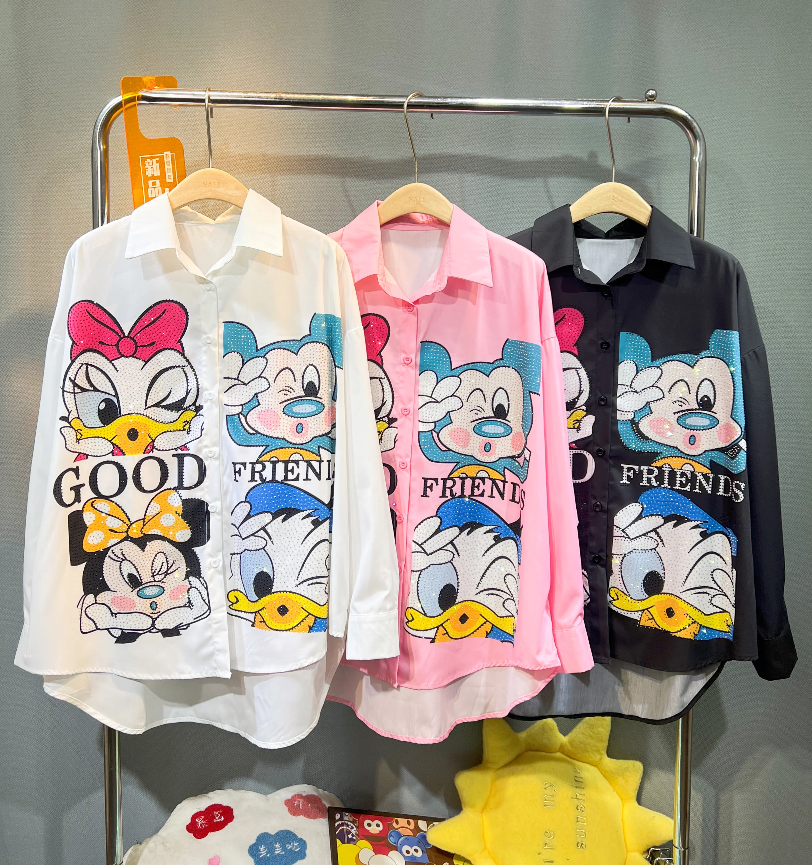 European Station Trendy Brand Heavy Industry Printed Cartoon Shirt Women's 2025 Autumn New Loose Versatile Long Sleeve Top