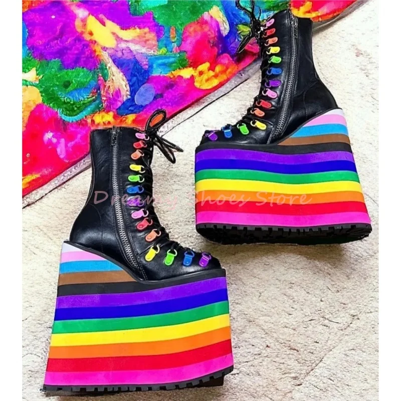 

Colorful Cross Tied Wedges Platform Ankle Boots Women Black Side Zipper Chunky Heel Boots Fashion Trendy Punk Casual Lady Shoes