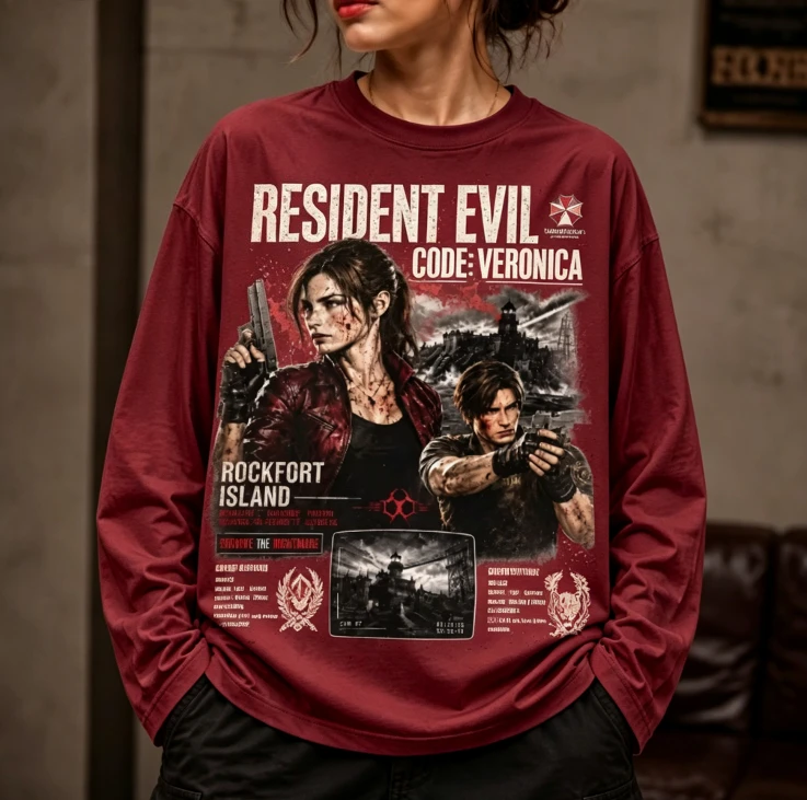 Resident code Veronica long sleeved T-shirt for men and women Claire Redfield Steve Burnside printed T-shirt retro unisex top
