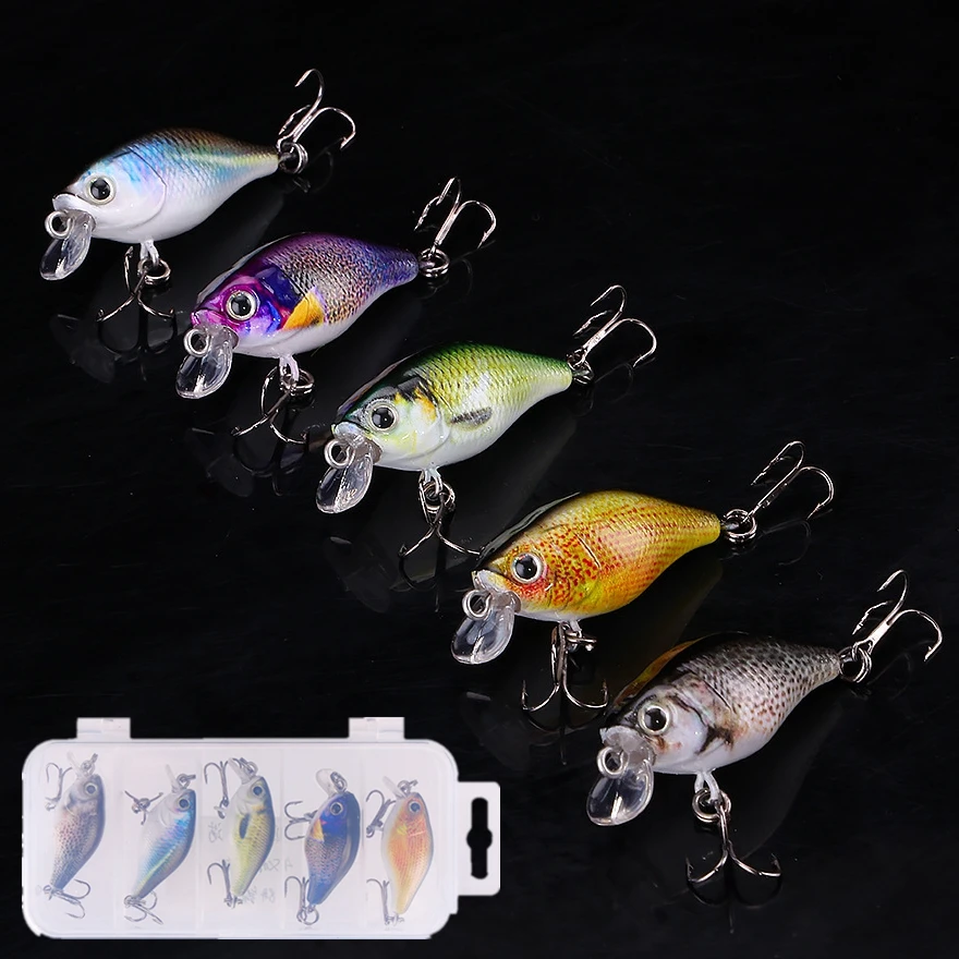 

3D life like Fish 5pcs Crank Baits Topwater Hard Fishing Lure for Trout Bass Perch with Box Boat Ocean Lures Kit