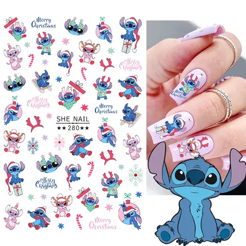1pcs Kawaii Stitch Cartoon Christmas Nail Stickers Hello Kitty Mickey Donald Duck Mini Nail Sliders Kids Nail Decals Decorations