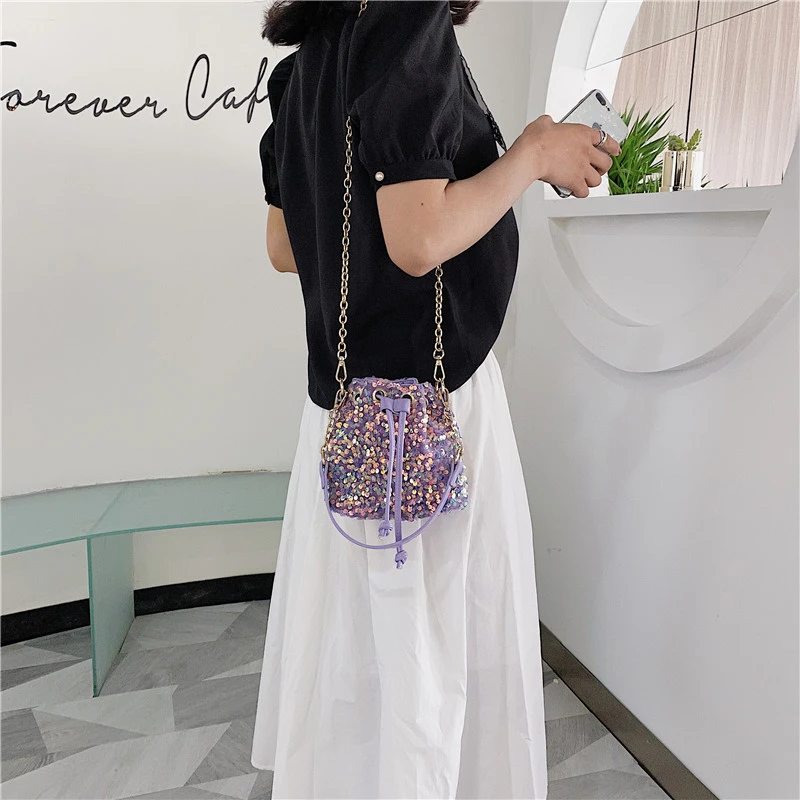 PU Sequined Bucket Shoulder and Hand Bags Soild String Chains Women‘s Bags 2024 Fashion New Style Hot Sale Bolsa Balde Feminina