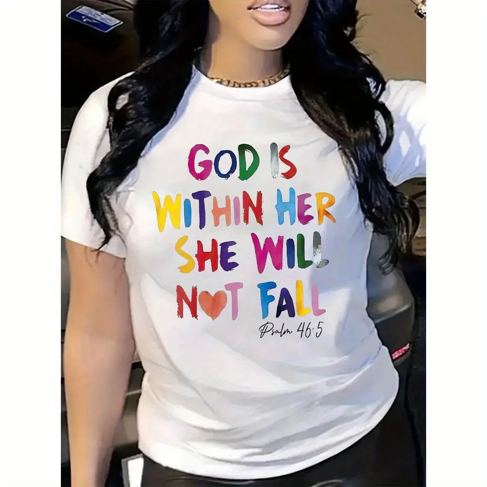 レディース カラフル レタープリント カジュアル Tシャツ - 「神は彼女の中にいる」インスピレーションを与えるデザイン、半袖クルーネック、軽量