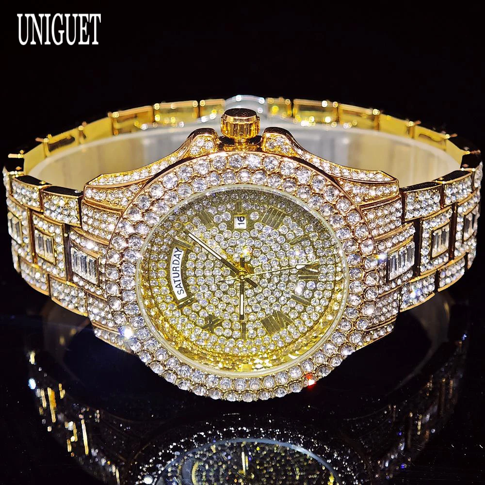 UNIGUET Men's Hip Hop Gold Watch Full Diamond Iced Out Wristwatch with Day Date Roman Numeral Dial Bling Quartz Watch for Man