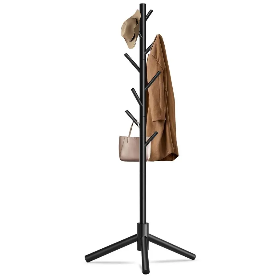 

Durable Wooden Coat Rack, Freestanding Coat Rack with Stable Triangular Base, 8 Hooks 3 Adjustable Heights, Simple Assembly for