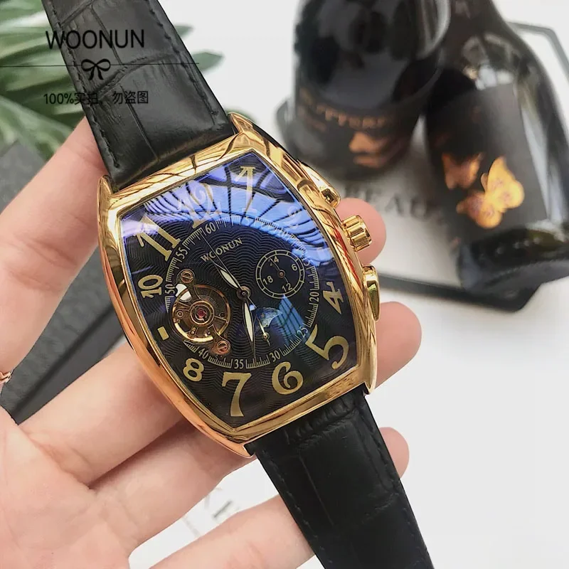 Reloj SEWOR, relojes mecánicos Tonneau a la moda, relojes de pulsera mecánicos automáticos dorados de lujo para hombre, Tourbillon de fase lunar para hombre