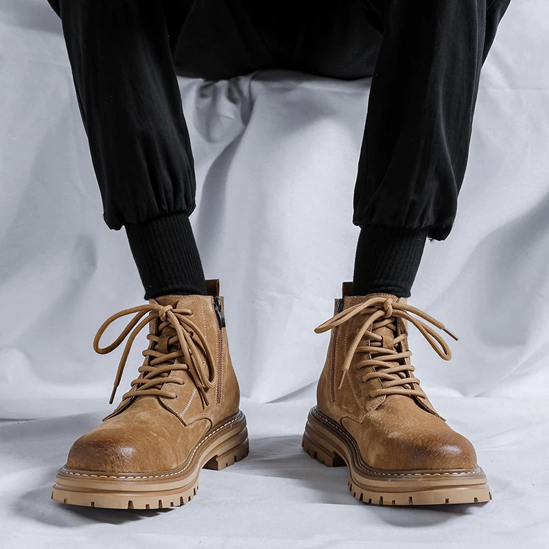 Sepatu bot pria kulit asli, sepatu bot pria isolasi mewah Retro klasik, sepatu kulit asli antik, sepatu taktis modis, sepatu bot leher tinggi, tali