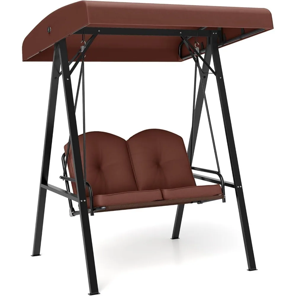 

2 Person Porch Swing, Patio Swing with Adjustable Canopy, Heavy-Duty Metal Frame & Soft Cushion, Outdoor Swing for Backyard