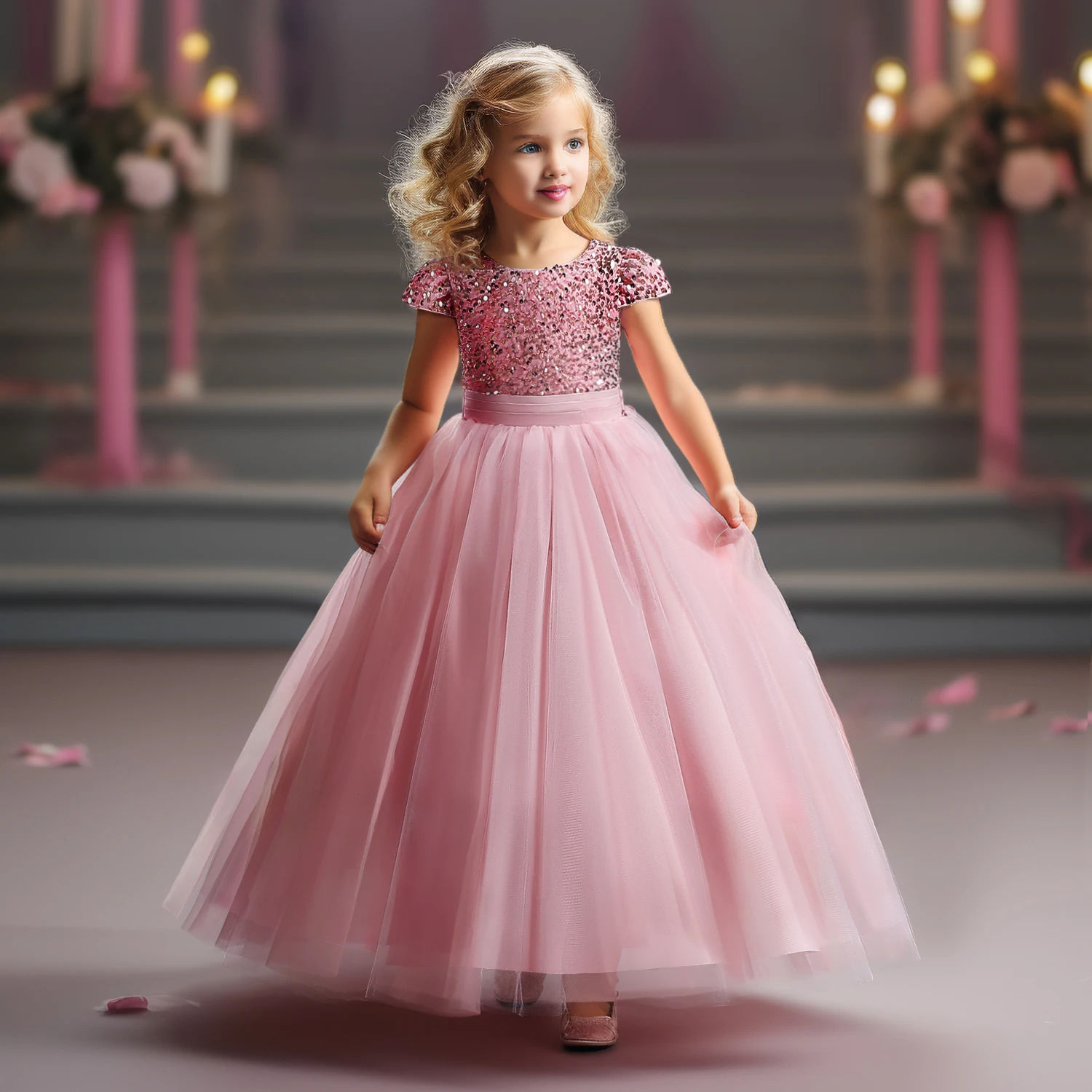 Sequins Flower Girl Dress Tulle Kids Birthday Party Pageant Prom Gown for Teen Girls Bridesmaid Short Sleeves Sparkly Dresses