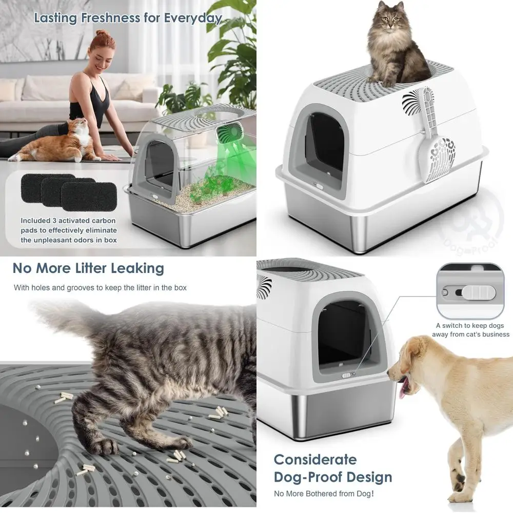 

Лоток для кошек из нержавеющей стали с капюшоном, верхним входом, крышкой с фильтром и совком – защита от протеканий и низкого разброса наполнителя