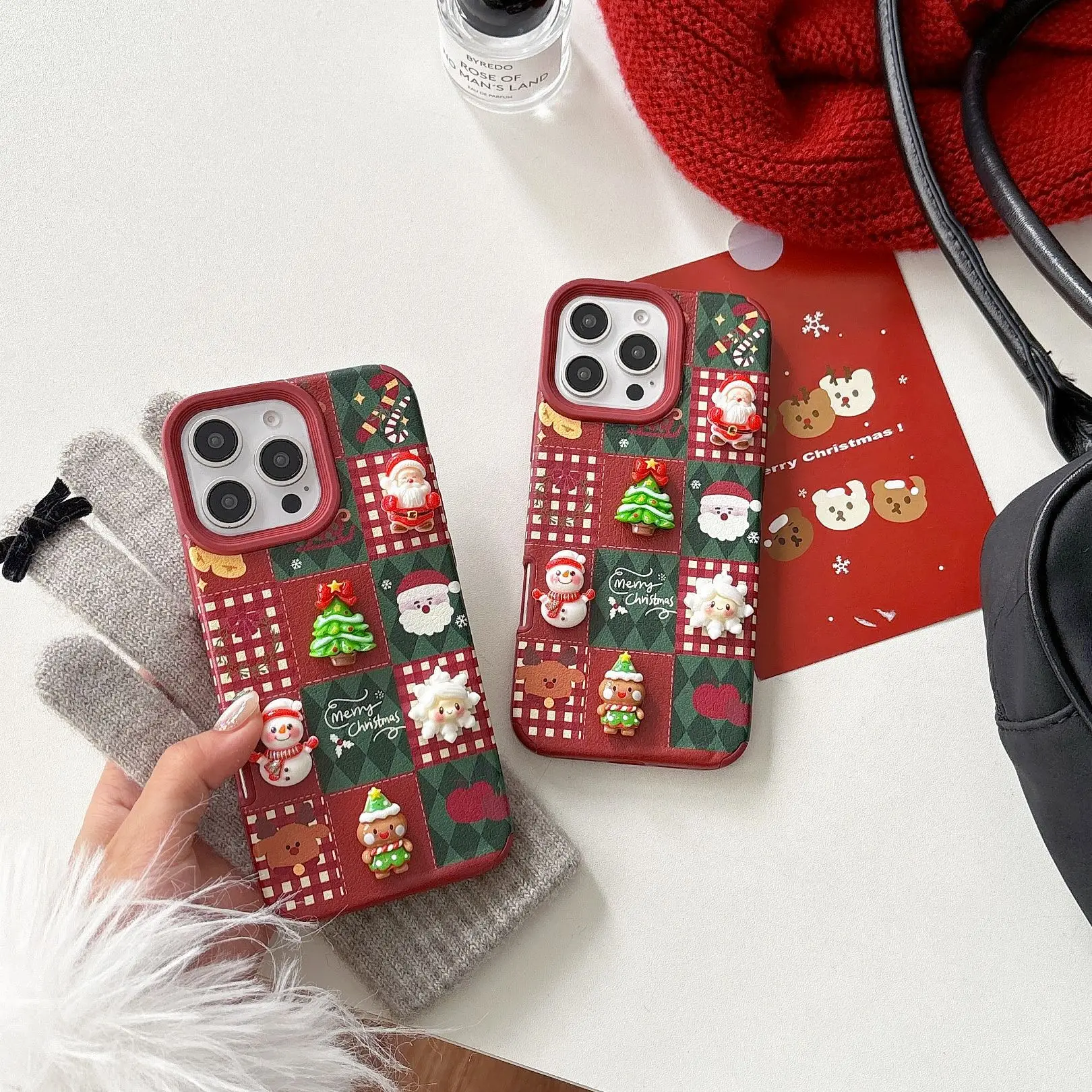 3D Christmas Doll Cartoon Phone Case for Apple iPhone 11 16 15 13 12 14 Pro Max Veneering Leather Cover Snowman Tree Santa Claus