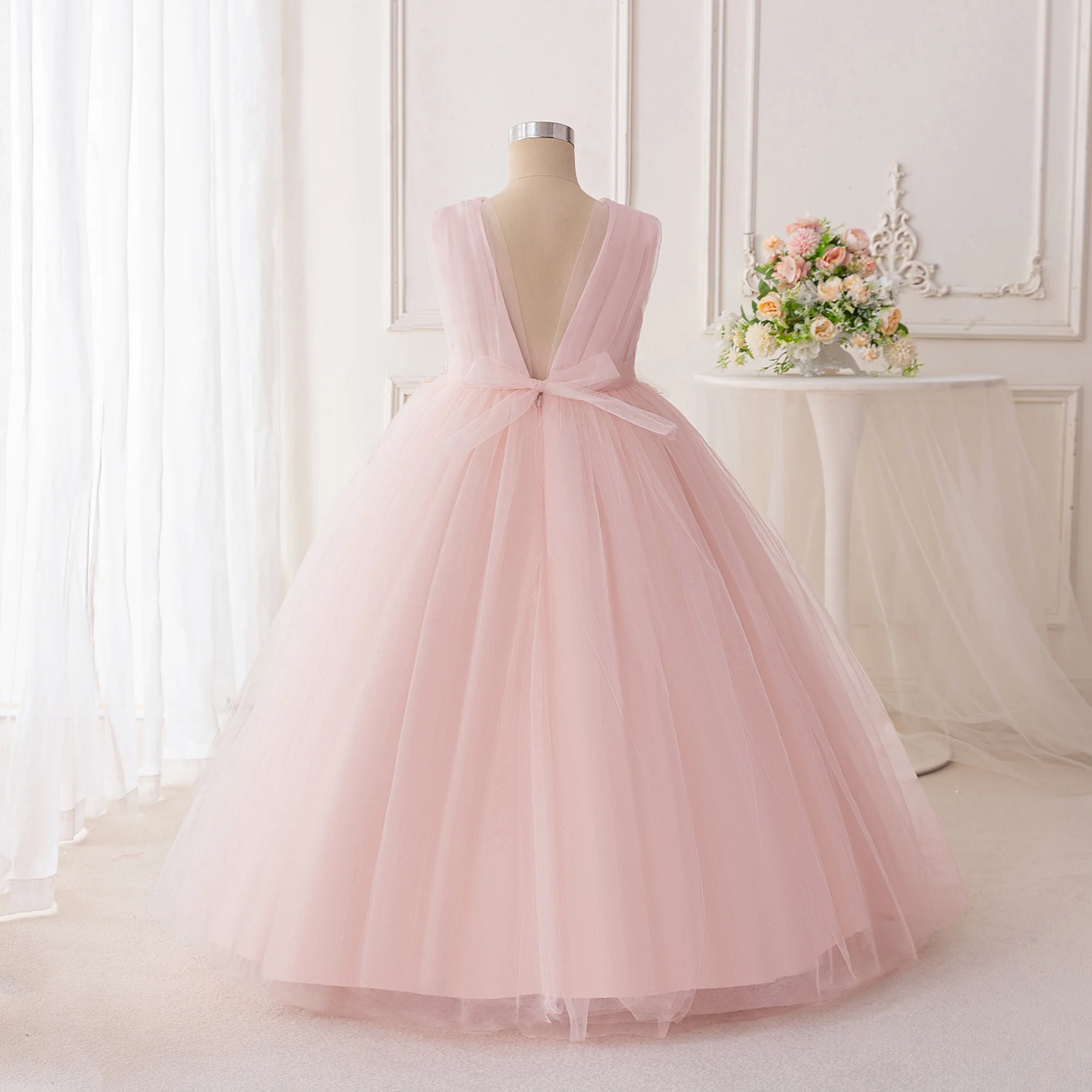 Elegant Backless Tulle Party Girls Dress Fashion Pink Flower Birthday Princess Prom Gown Wedding Bridesmaid Kids Dresses Evening