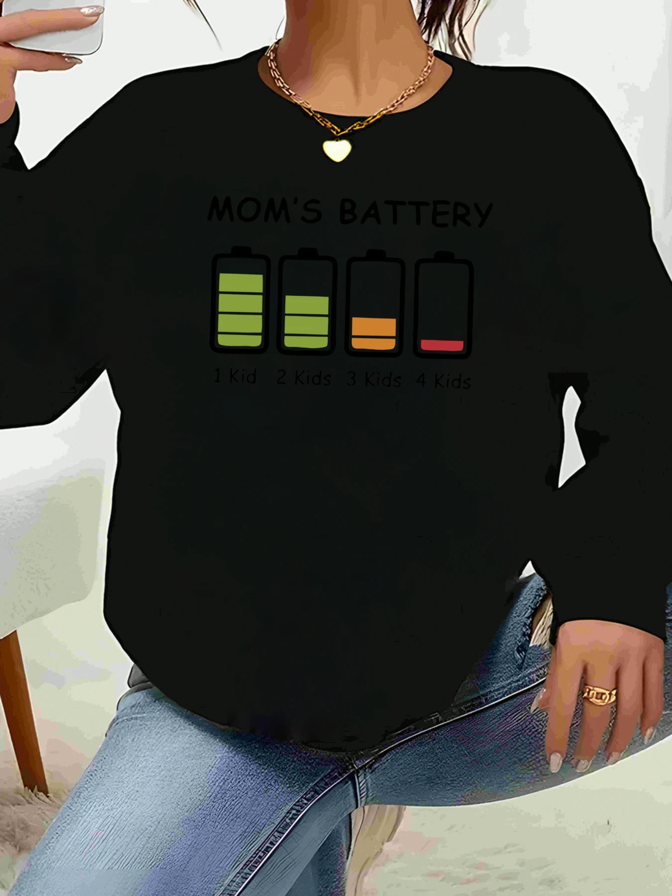 

Футболка с длинными рукавами и рисунком уровня батареи для мам, повседневная одежда с юмором материнства для женщин и детей