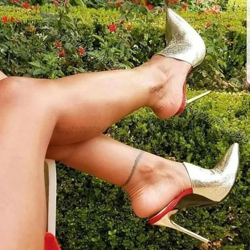 Chinelos de dedo fino slingback dourado para mulheres, salto estilete, sólido, estilo britânico, sapatos casuais, verão, 2024