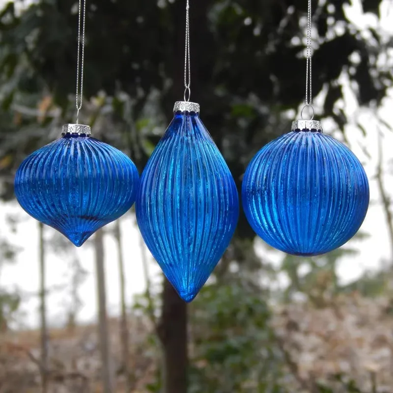 12pcs/pack Different Shape Blue Handmade Glass Pendant Ornament Christmas Day Tree Hanging Globe Cone Onion Home Decoration