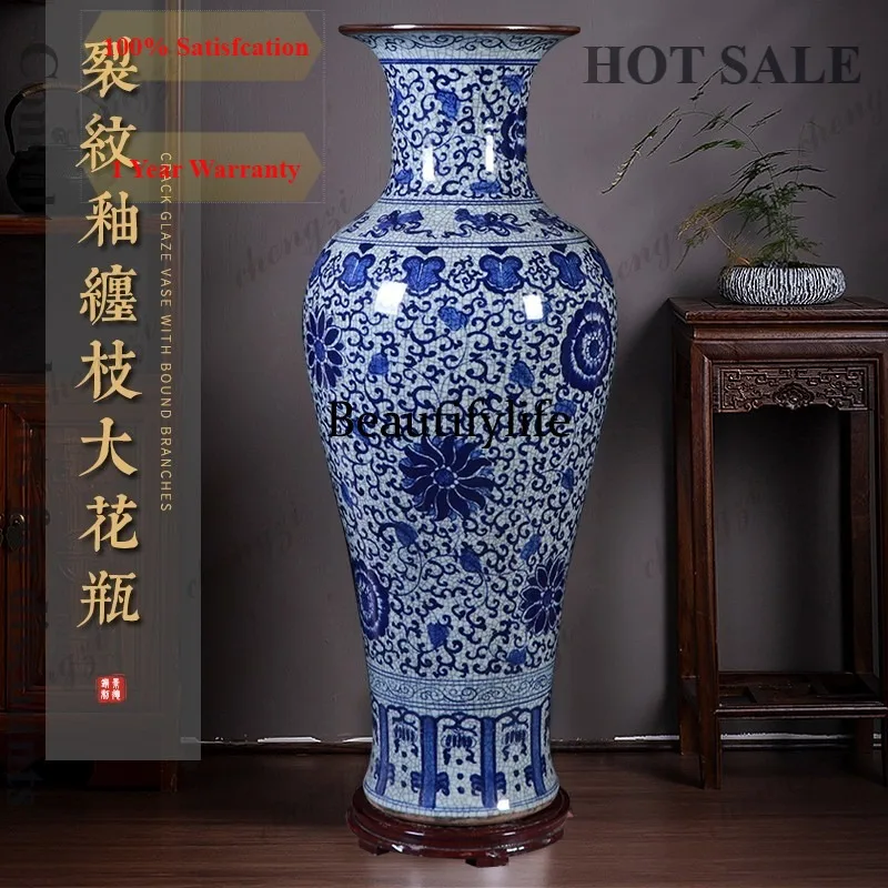 Ceramics antique blue and white porcelain cracked floor-to-ceiling large vase ornament Chinese classical living room decoration