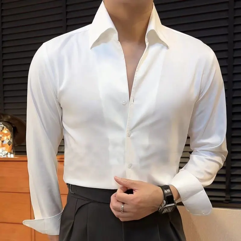 Simple Solid Color Men Business Shirt Long Sleeve Slim Fit Hairstylist Shirts Men Office Tuxedo Stripe Shirt Social Herren Hemd