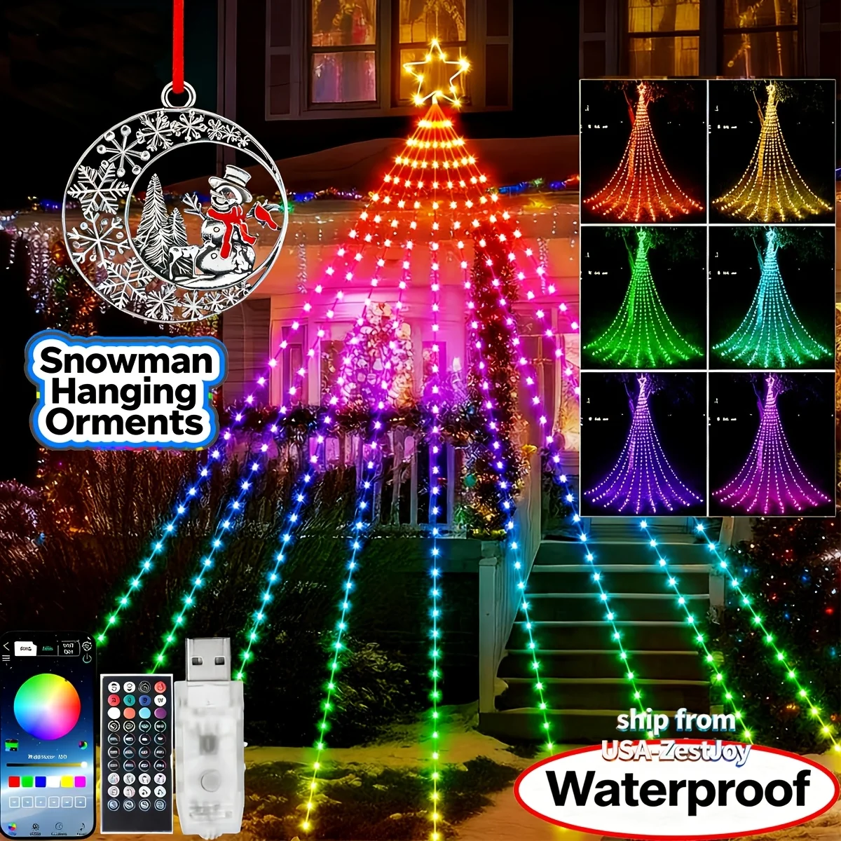 11.8FT 350LEDs Outdoor Christmas Decorations, RGB Color Changing Christmas Waterfall Star String Lights Star 9 Strands  APP Remote Control, Multi-Color Lightshow, Music Sync, Xmas New Year Decor
