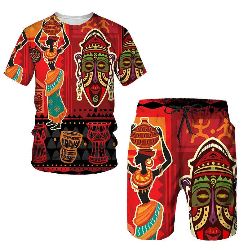 Tuta da uomo estiva in stile africano Set t-shirt con stampa Totem etnica pantaloncini abiti Vintage oversize moda abbigliamento Casual