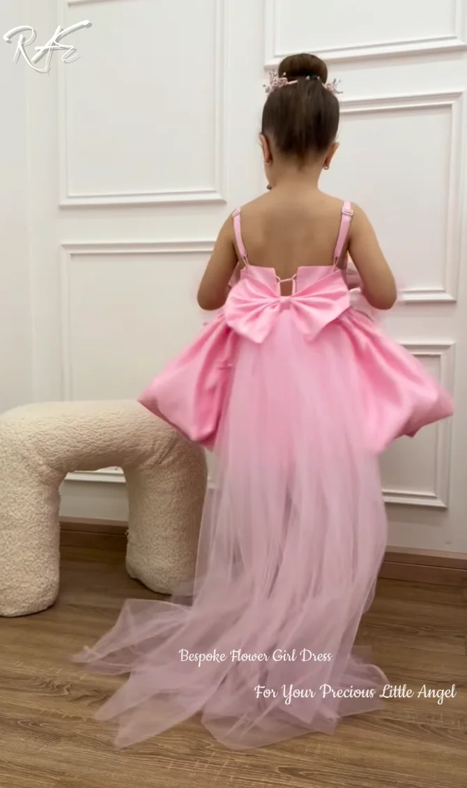 Pink Satin Flower Girl Dress Pearl Trim Spaghetti Straps Multi‑Bow Bubble Gown Birthday Wedding Formal Gowns Customized