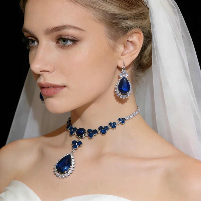 Luxury Blue Zircon Necklace Earrings for Wedding Bride Jewelry Sets Large Water Drop Pendant Necklace Drop Earrings for Party A