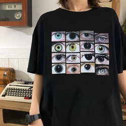 Camiseta de manga corta para mujer, Top corto con estampado de ojos Y2K, camiseta estética Vintage gótica negra, Tops ajustados Harajuku con cuello redondo