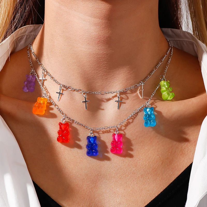 Cute Candy Color Gummy Mini Bear Necklaces for Women Multi-layer Cross Pendants Necklace Chain Girls Jewelry Gifts