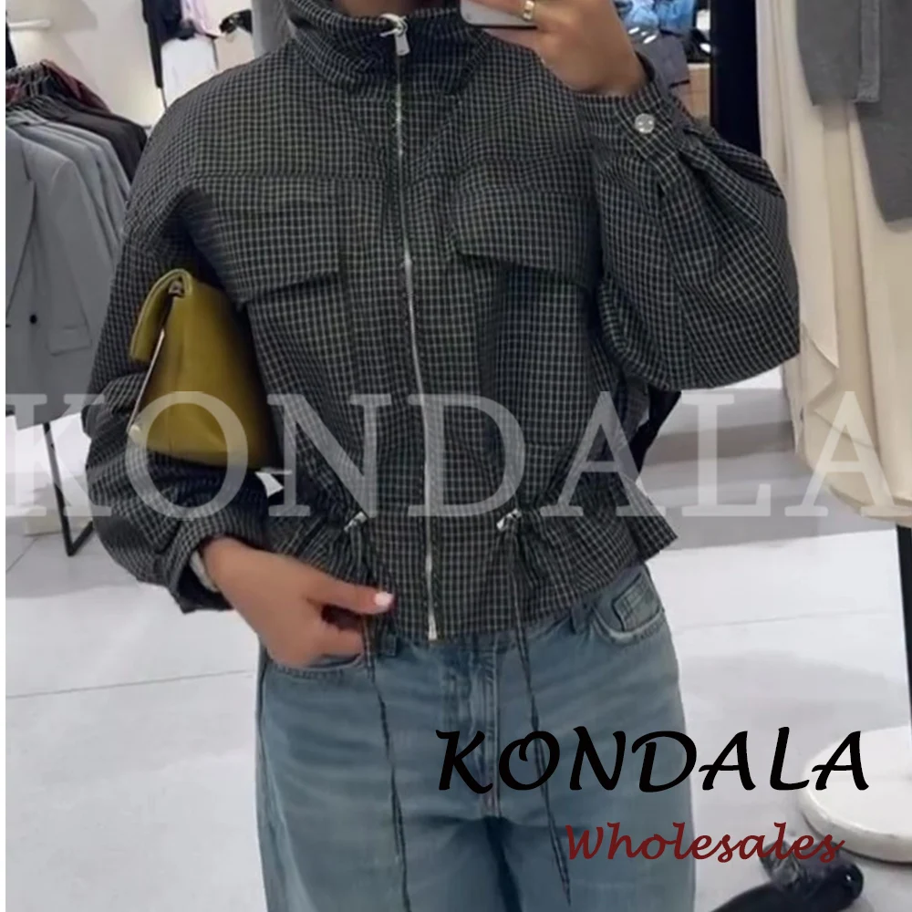 KONDALA Vintage Plaid Fashion 2026 Women Padded Jacket Pocket Loose Folds Chic Lace Coat High Street Casual Modern Mujer Outwear