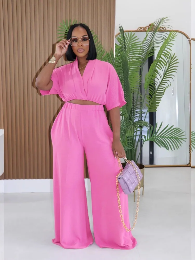 

Wmstar Two Piece Sets Women Wholesale Vacation Style Short Sleeved Summer Collarless Top Paired High Waiste Wide Leg Pants Set