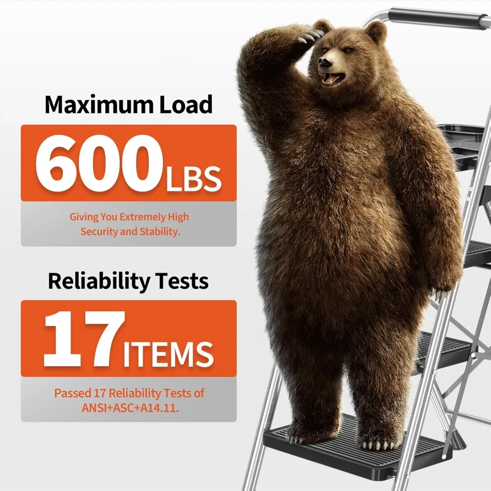 Drabina składana 3-stopniowa z tacką na narzędzia, stalowy stołek o udźwigu 272 kg, antypoślizgowe pedały do domu i biura