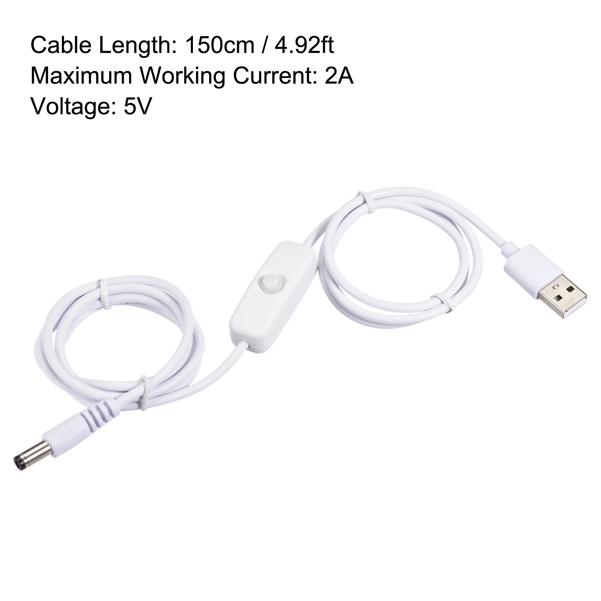 1Pcs USB Cable with ON/Off Switch USB Male to 5.5x2.1mm DC Male Extension Cord 150cm White for LED Desk Lamp LED Strip