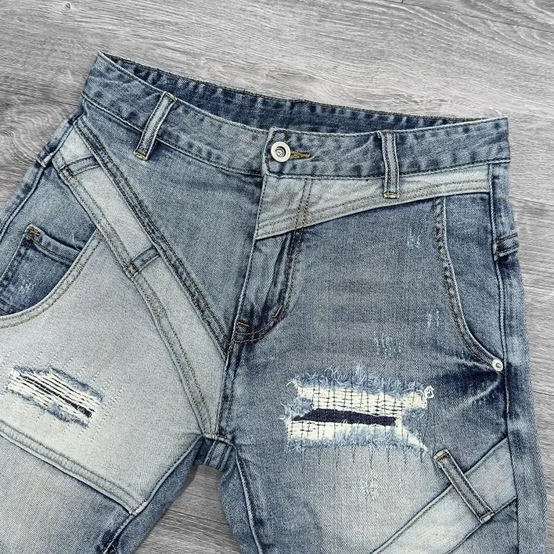 New Shorts Men\'s Spliced Denim Shorts Knee Length Designer Luxury Streetwear Distressed Korean Luxury Casual Summer Short Jeans