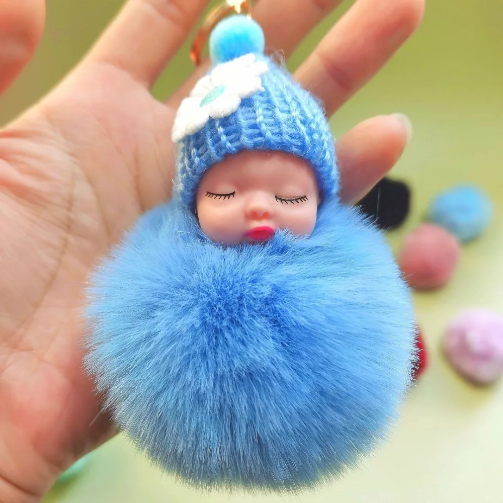 Cute Pompom Sleeping Baby Keychain Fur Ball Gift Car Key Ring Fluffy Plush Doll Bag Charms Ornmant Couple