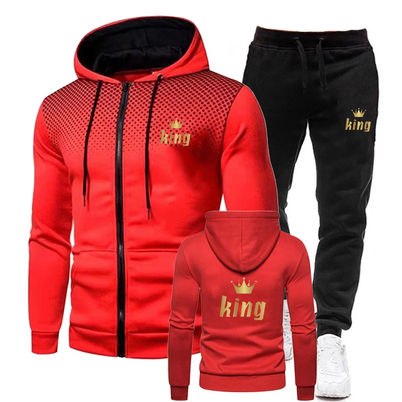 Men Gothic Zipper Casual Hoodies Suit Winter Autumn Long Sleeve Sports 2 Piece Set Long Pants Street Print Gradient DropShipping