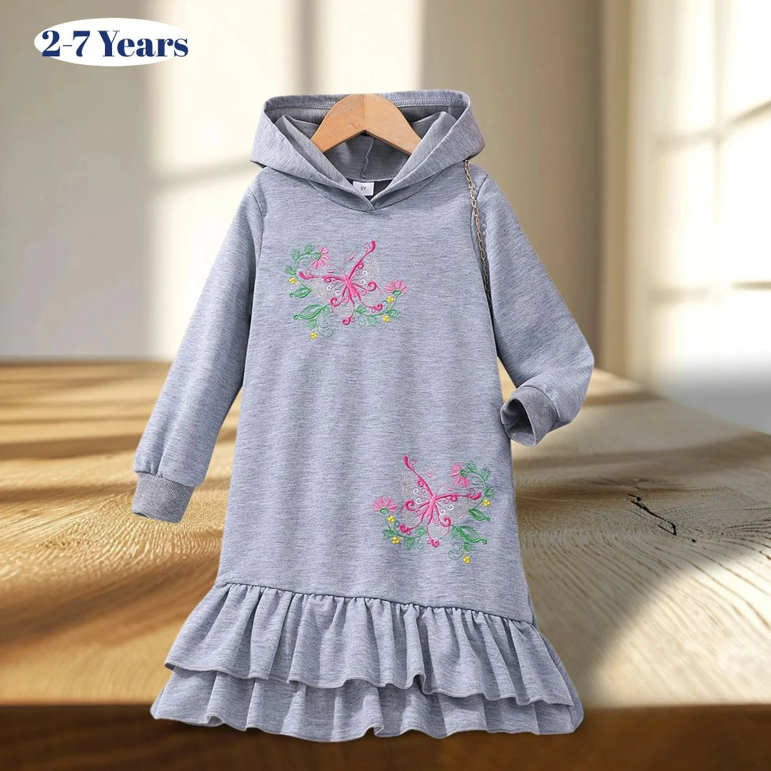 

Spring Autumn Kids Girls Hooded Dress Long Sleeve Butterfly Embroidery Children Dresses Soft Ventilate Girls Clothing