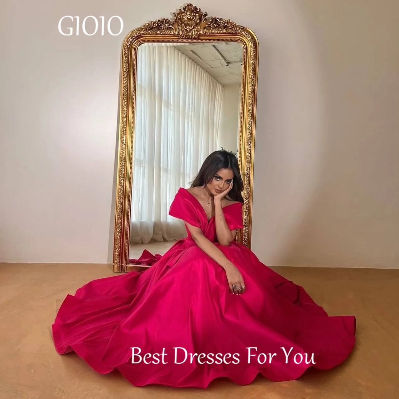 GIOIO V-Neck Luxury Formal Evening Dress Pleat Pink Short Sleeves فساتين سهرة  Ankle Length Elegant Prom Gowns Party Women