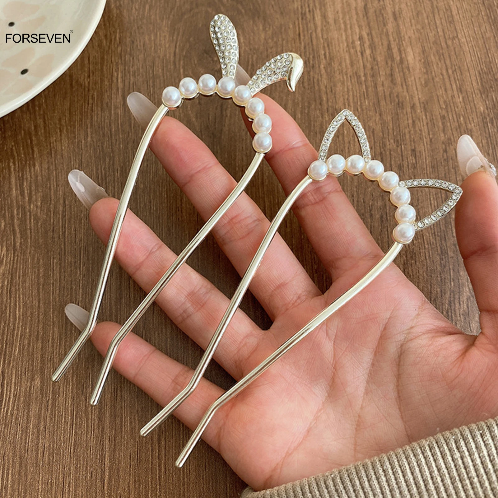 U Shaped Hairpins Hair Clips Cute Rabbit/Cat Ear Shaped Hair Sticks Forks Pearls Headdresses Women Girlfriend Hair Jewelry