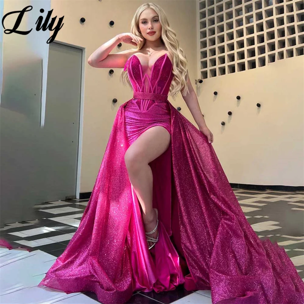 Lily Purple Evening Gown A-Line Sequins Prom Dress Pleat Sleeveless Sweetheart Evening Dresses with High Split robes de soirée