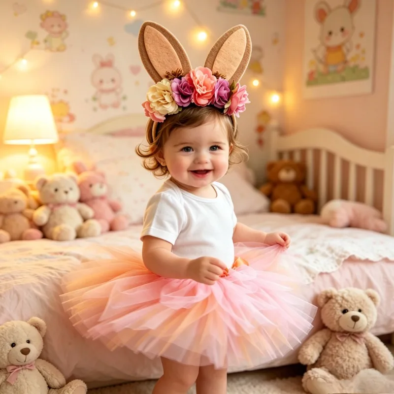 

Girls' Pink & White Rabbit Tulle Skirt (Top Not Included) Kids Ballet Underskirt Fluffy Mini Skirt for Children's Day Party