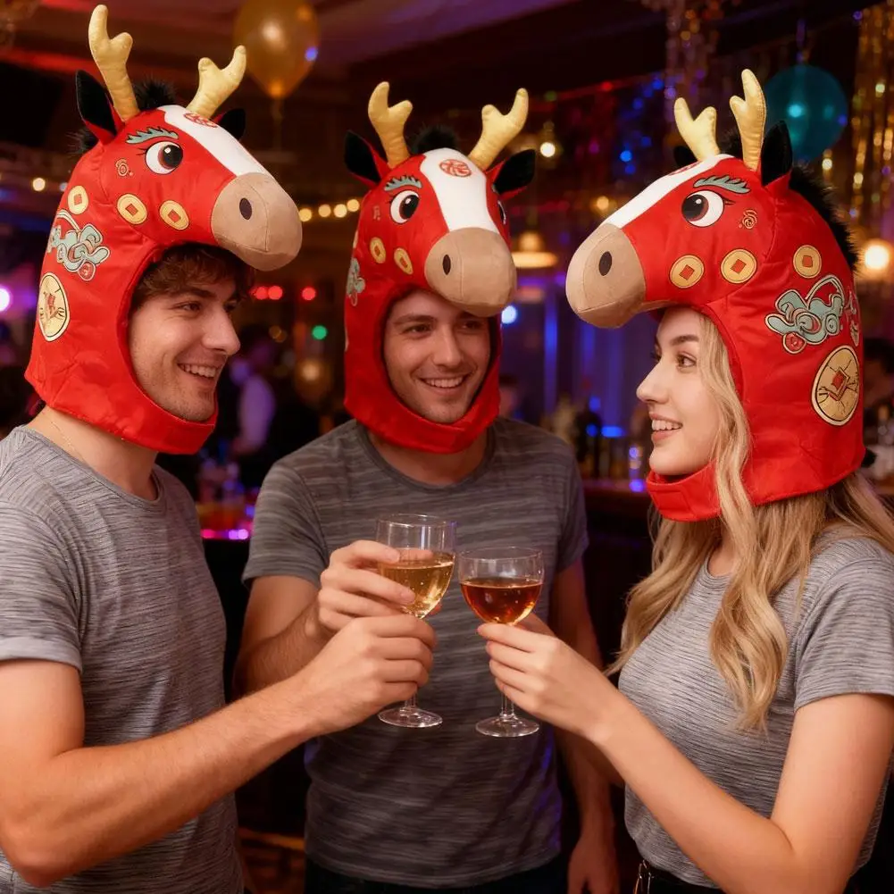 2026年 馬年 頭飾り帽子 おもちゃ 面白いぬいぐるみ馬頭帽子 新年動物コスチューム 大人用 舞台パフォーマンス帽子 おもちゃ