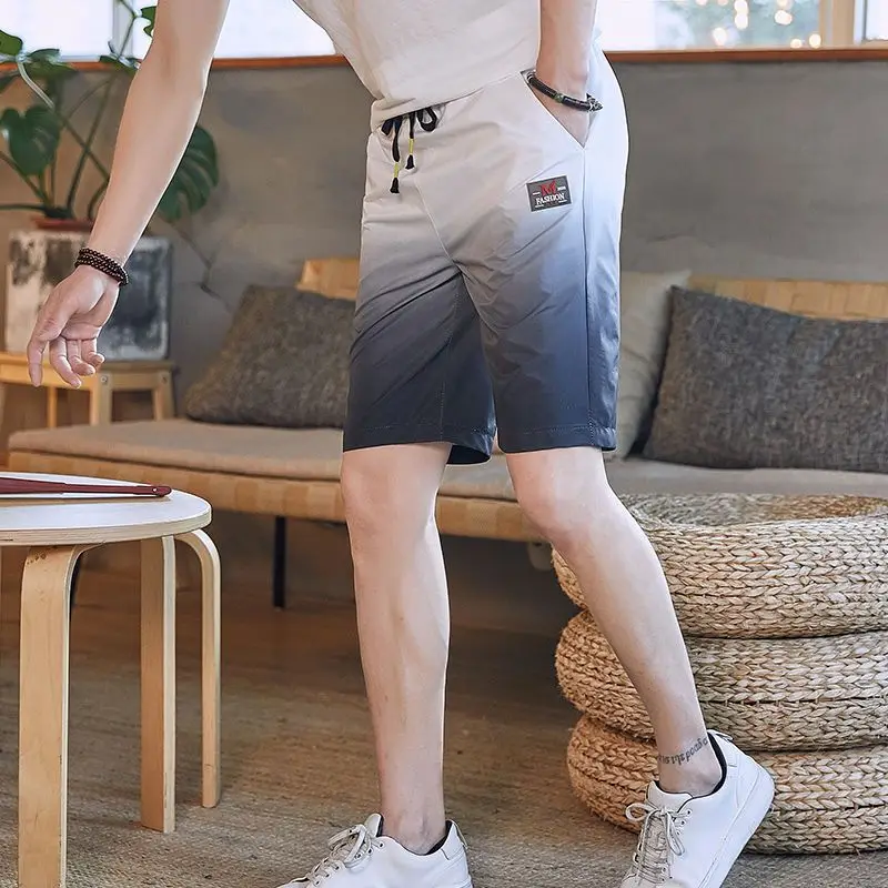 Pantalones cortos informales de verano para hombre, cintura elástica, cordón, bolsillos de contraste, hasta la rodilla, moda coreana
