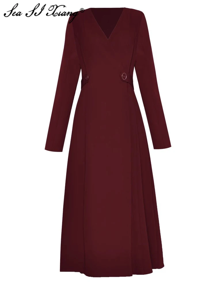 

Seasixiang Fashion Designer Autumn Dress Women V-Neck Long Sleeve Temperament Office Lady Solid Color Midi Dresses