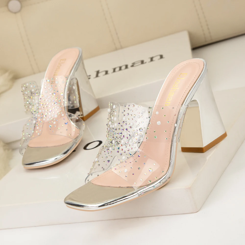 2023 Sexy Transparent PVC Summer Women Shoes Head Peep Toe Spike Heel Fashion Modern Slippers Party Crystal Shallow Polka Dot