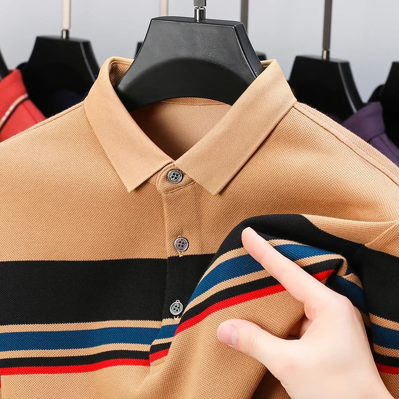 2024 100% Cotton Men's Polo Shirts Luxury Long Sleeve Business Casual Autumn Winter Striped Male T-shirts Fashion Man Tees 4XL