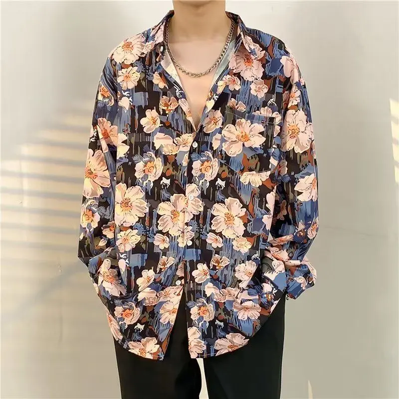 2023 Spring New Men\'s Clothing American Vintage Trend Hong Kong Breeze Fashion Casual All-match Long Sleeve Lapel Floral Shirt