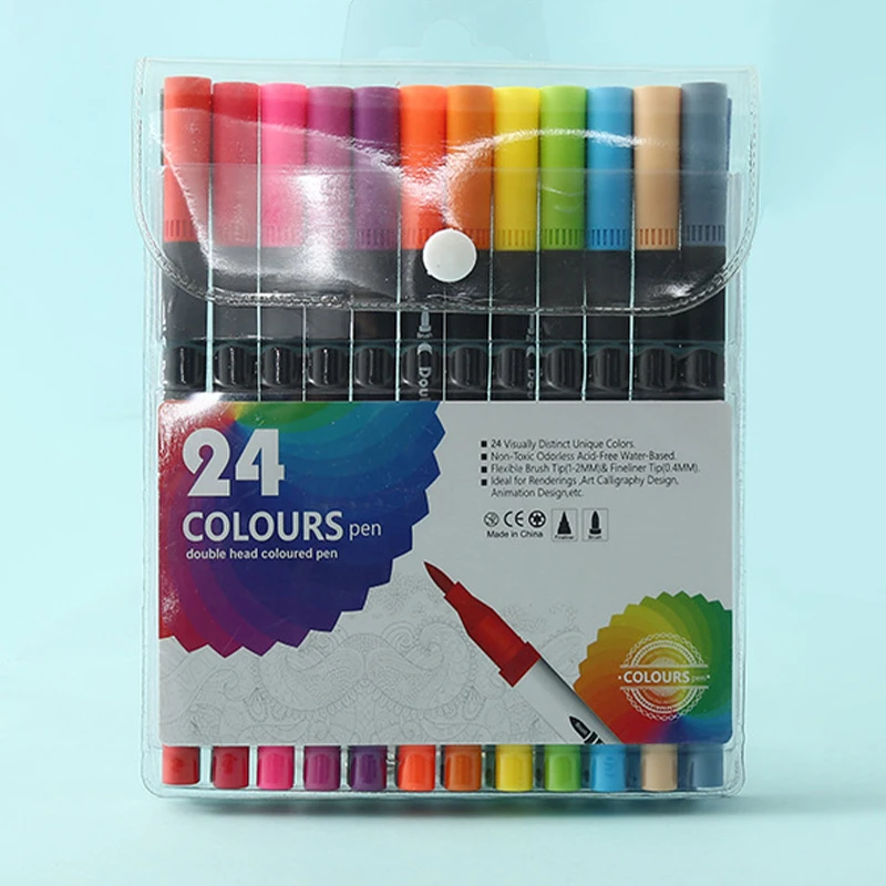 24 Colors Free Shipping Dual Brush Twin Art Markers Plumones Rotuladores Water-base Ink Removable Pens Stationery Art Supplies