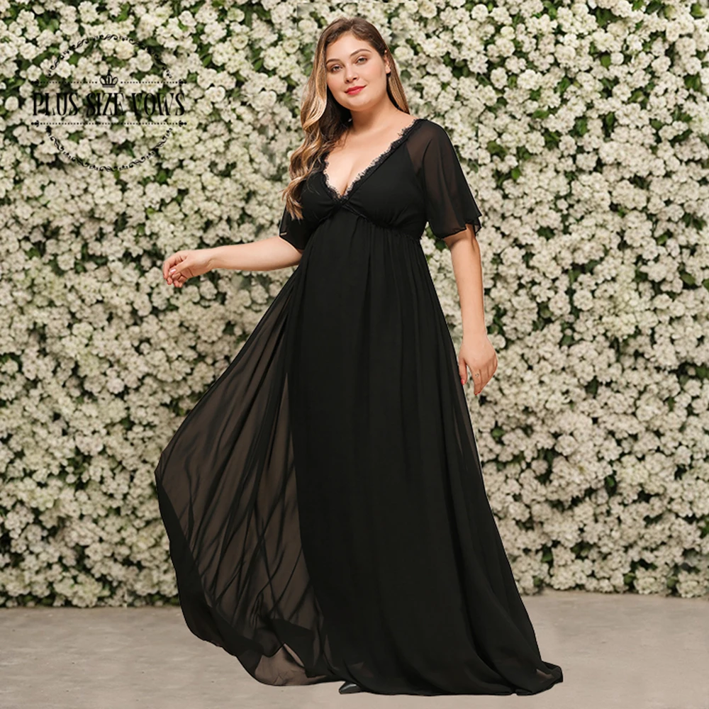 

Customized plus Size Black Long Evening Dress with Sleeves Empire Style Flowy Chiffon for Wedding Party Special Occasions