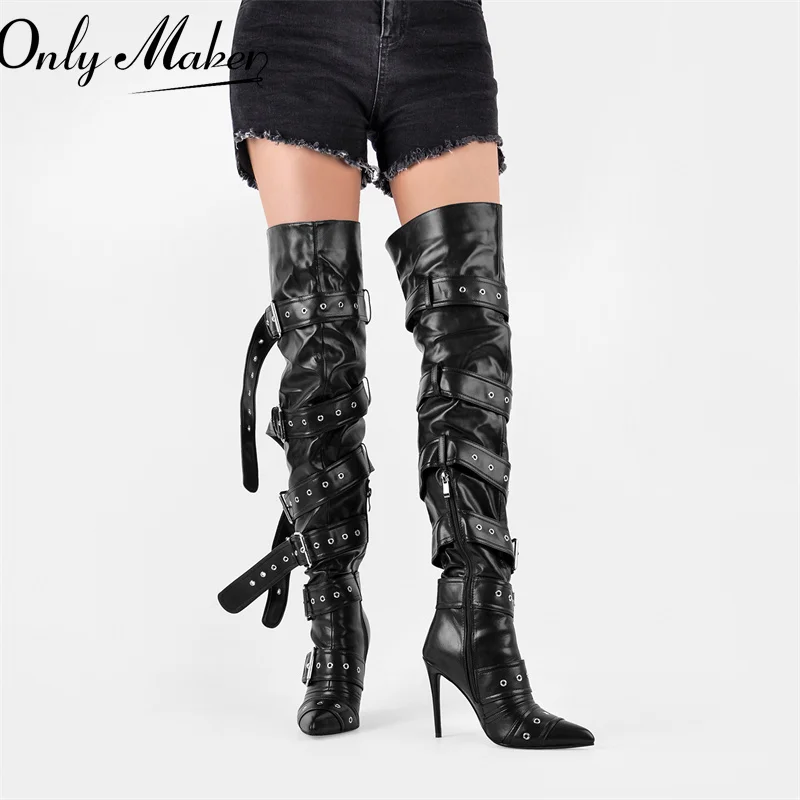 Onlymaker Women Buckle Strap Over The Knee Boots Thin High Heel Lady  Zipper Female Thigh High Pointed Toe Stiletto Boots