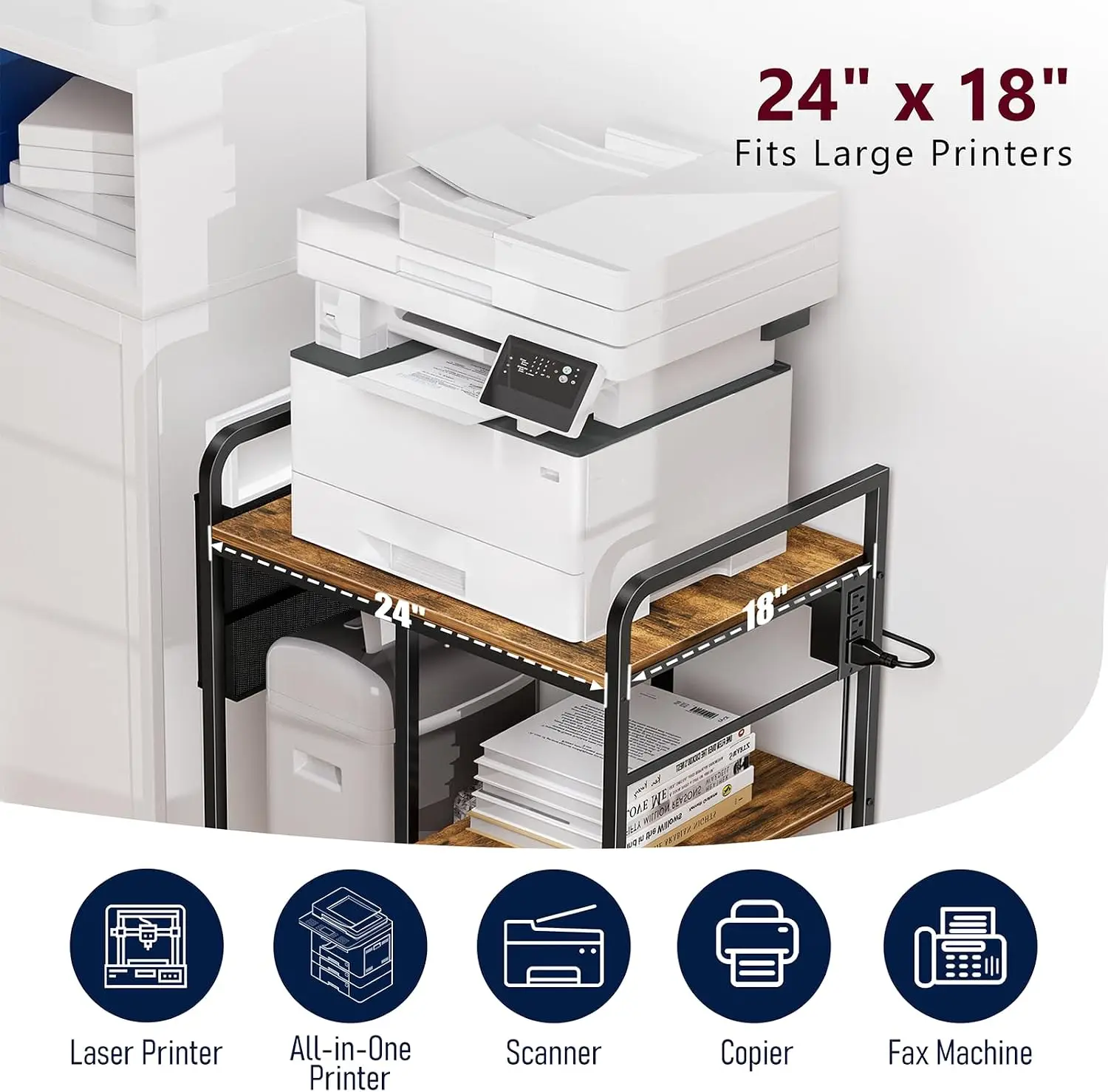 Large Printer Stand with Storage: 24x18 Inch Printer Table for Home Office