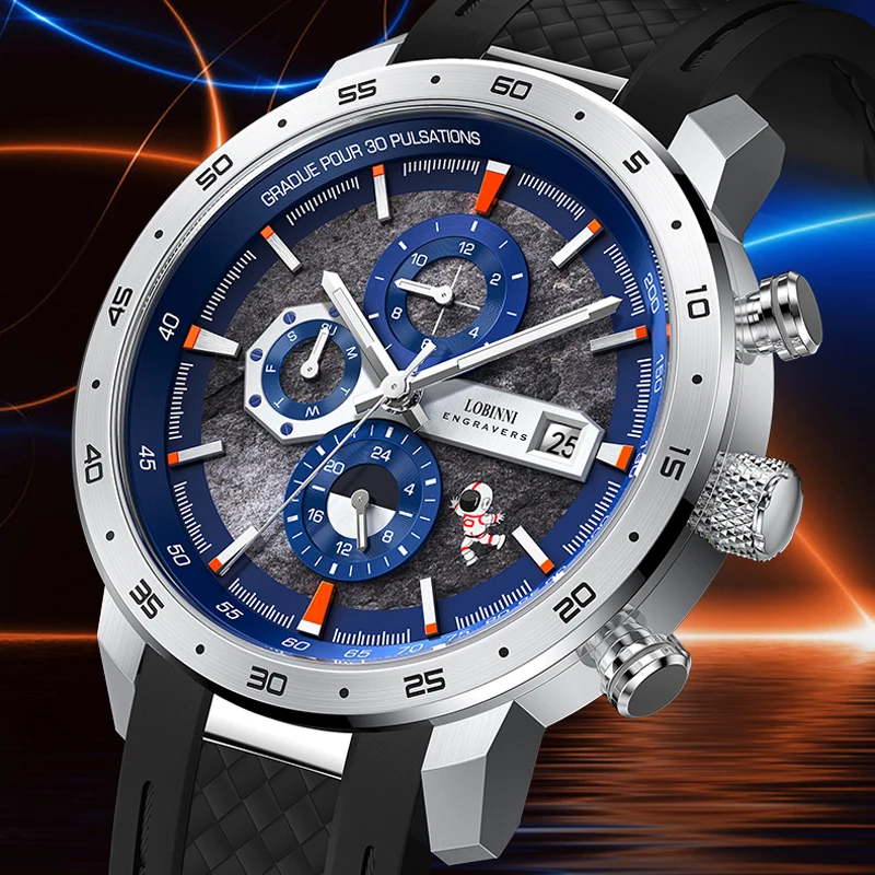 LOBINNI Men's Automatic Mechanical Watches Unique Meteorite Pattern Astronaut Dial With Calendar Week Multifunction Watch